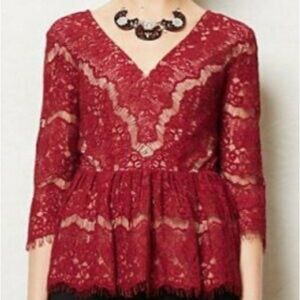 Maeve Anthropologie Red Lace Peplum Top V-Neck 3/4 Sleeve Eyelash Small Romantic